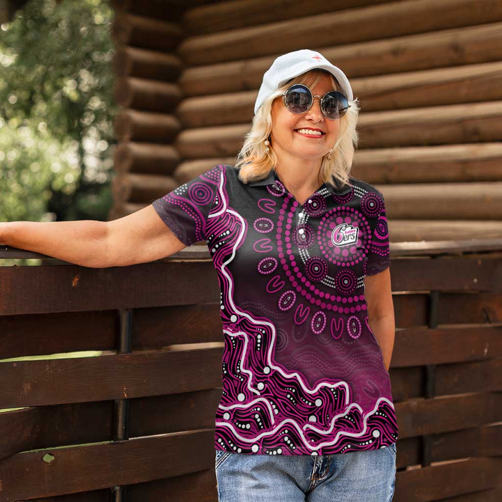 Sydney Sixers Cricket Mascot Women Polo Shirt Aboriginal Dot Art Pink And Black Tribal Pattern