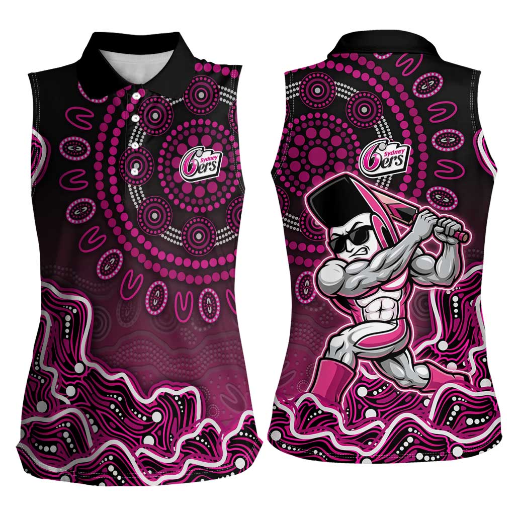 Sydney Sixers Cricket Mascot Women Sleeveless Polo Shirt Aboriginal Dot Art Pink And Black Tribal Pattern