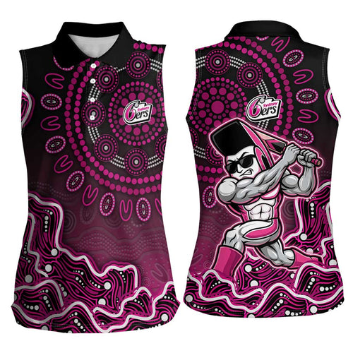 Sydney Sixers Cricket Mascot Women Sleeveless Polo Shirt Aboriginal Dot Art Pink And Black Tribal Pattern