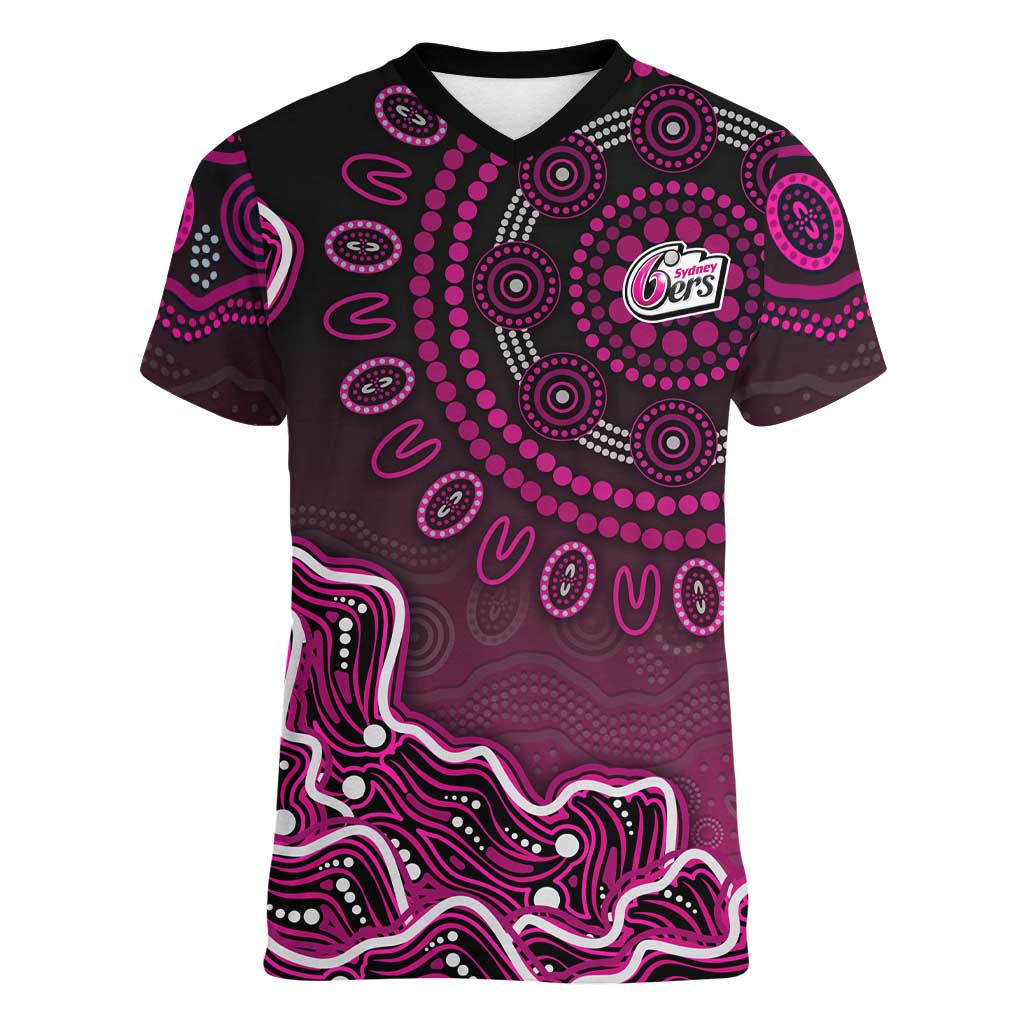 Sydney Sixers Cricket Mascot Women V-Neck T-Shirt Aboriginal Dot Art Pink And Black Tribal Pattern