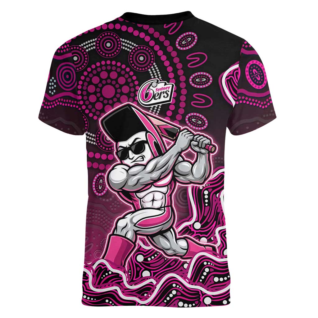 Sydney Sixers Cricket Mascot Women V-Neck T-Shirt Aboriginal Dot Art Pink And Black Tribal Pattern