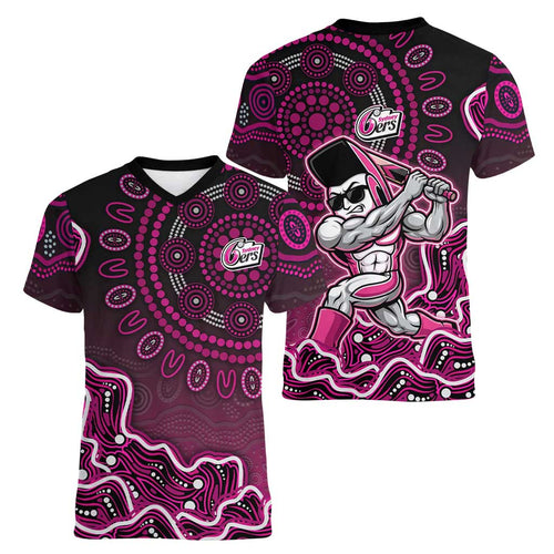 Sydney Sixers Cricket Mascot Women V-Neck T-Shirt Aboriginal Dot Art Pink And Black Tribal Pattern