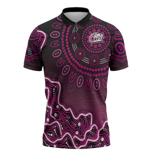 Sydney Sixers Cricket Mascot Zipper Polo Shirt Aboriginal Dot Art Pink And Black Tribal Pattern
