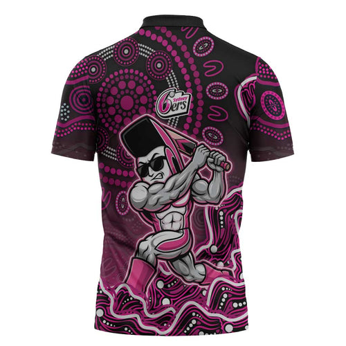 Sydney Sixers Cricket Mascot Zipper Polo Shirt Aboriginal Dot Art Pink And Black Tribal Pattern