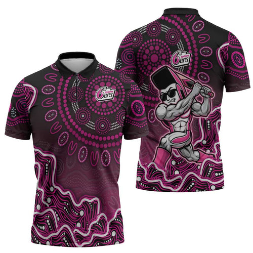 Sydney Sixers Cricket Mascot Zipper Polo Shirt Aboriginal Dot Art Pink And Black Tribal Pattern