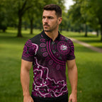 Sydney Sixers Cricket Mascot Zipper Polo Shirt Aboriginal Dot Art Pink And Black Tribal Pattern