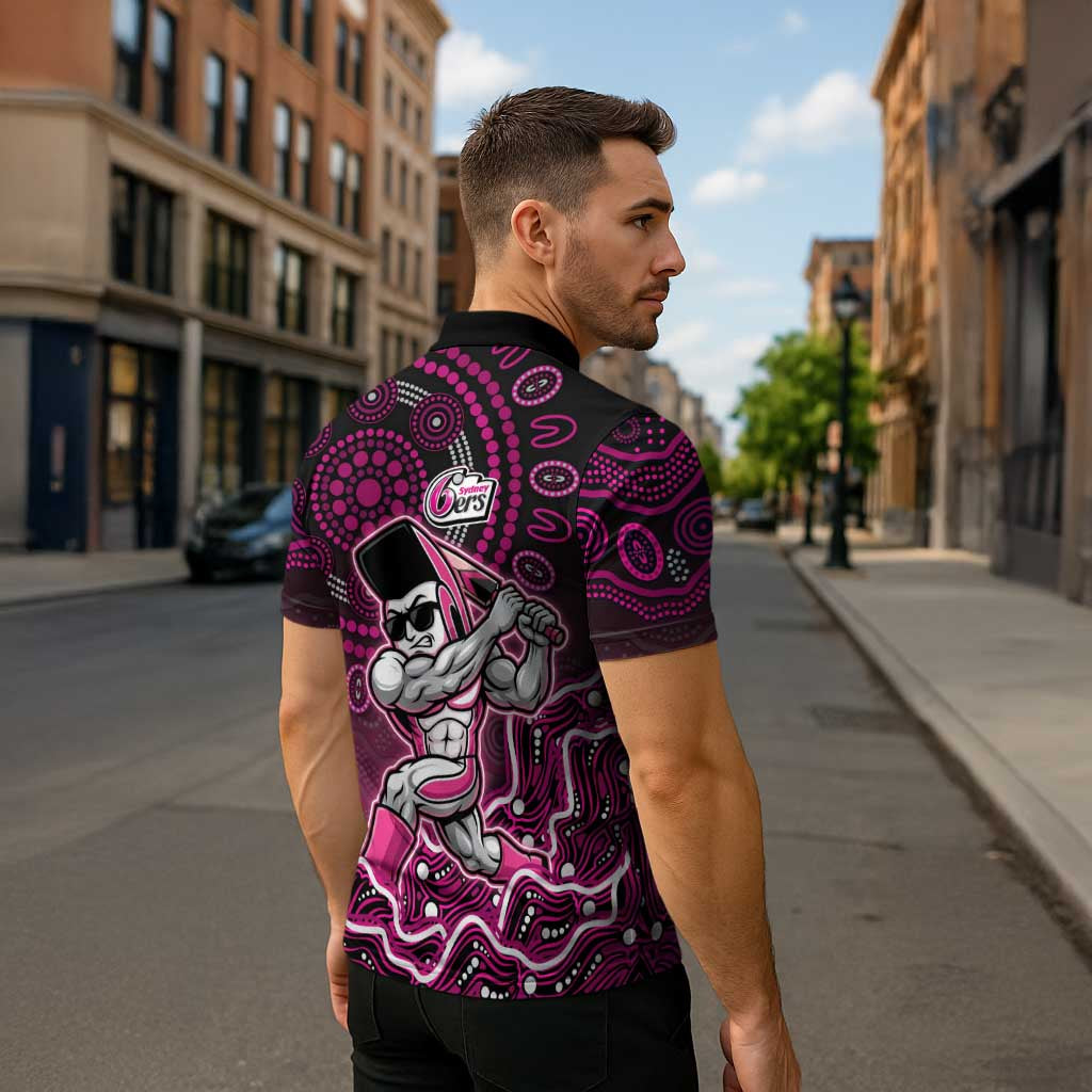 Sydney Sixers Cricket Mascot Zipper Polo Shirt Aboriginal Dot Art Pink And Black Tribal Pattern