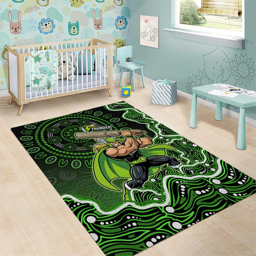 Sydney Thunder Cricket Mascot Area Rug Aboriginal Dot Art Green And Black Tribal Pattern