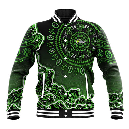 Sydney Thunder Cricket Mascot Baseball Jacket Aboriginal Dot Art Green And Black Tribal Pattern