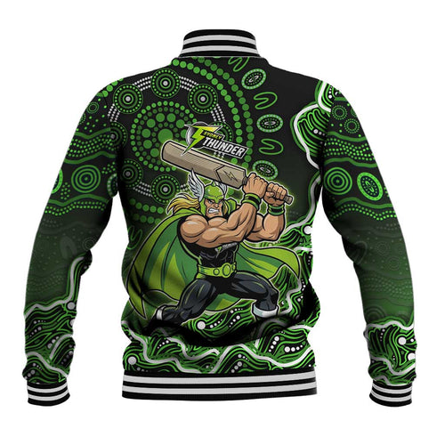 Sydney Thunder Cricket Mascot Baseball Jacket Aboriginal Dot Art Green And Black Tribal Pattern