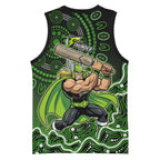 Sydney Thunder Cricket Mascot Basketball Jersey Aboriginal Dot Art Green And Black Tribal Pattern