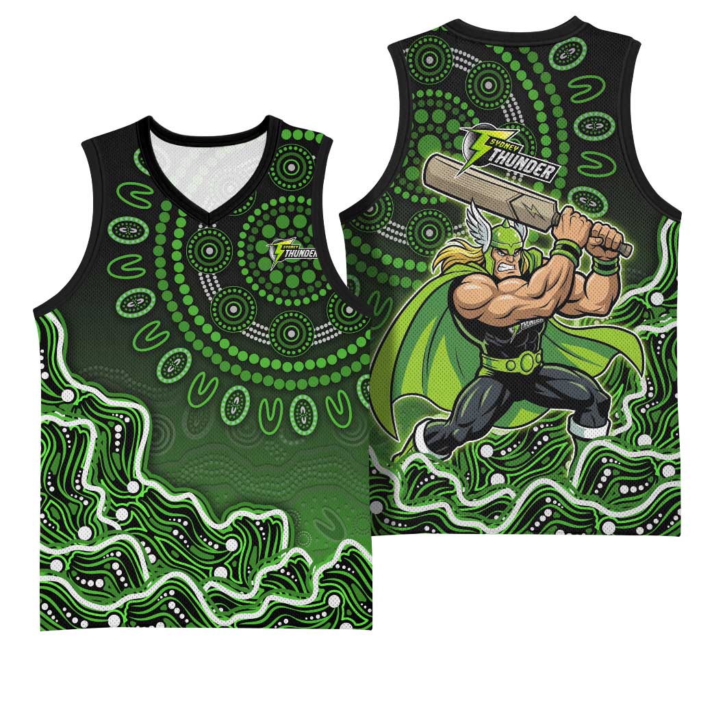 Sydney Thunder Cricket Mascot Basketball Jersey Aboriginal Dot Art Green And Black Tribal Pattern