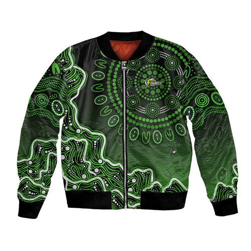 Sydney Thunder Cricket Mascot Bomber Jacket Aboriginal Dot Art Green And Black Tribal Pattern