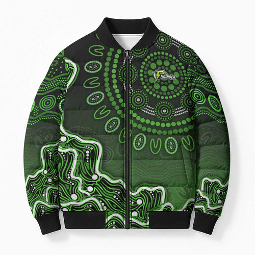 Sydney Thunder Cricket Mascot Bomber Puffer Jacket Aboriginal Dot Art Green And Black Tribal Pattern