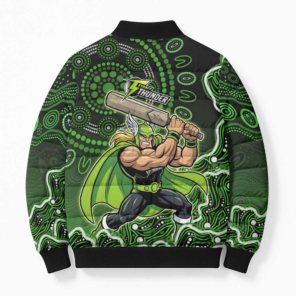 Sydney Thunder Cricket Mascot Bomber Puffer Jacket Aboriginal Dot Art Green And Black Tribal Pattern