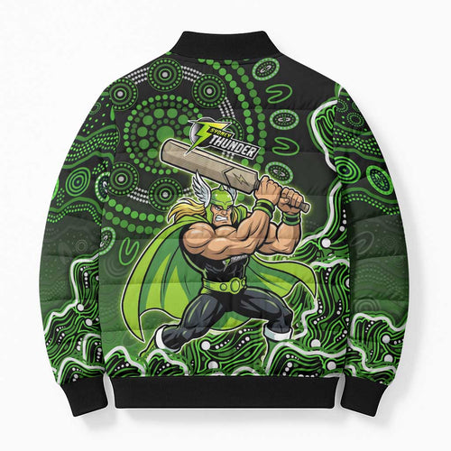 Sydney Thunder Cricket Mascot Bomber Puffer Jacket Aboriginal Dot Art Green And Black Tribal Pattern