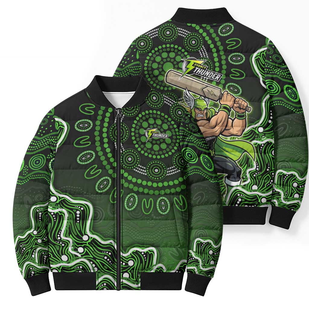 Sydney Thunder Cricket Mascot Bomber Puffer Jacket Aboriginal Dot Art Green And Black Tribal Pattern