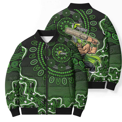 Sydney Thunder Cricket Mascot Bomber Puffer Jacket Aboriginal Dot Art Green And Black Tribal Pattern