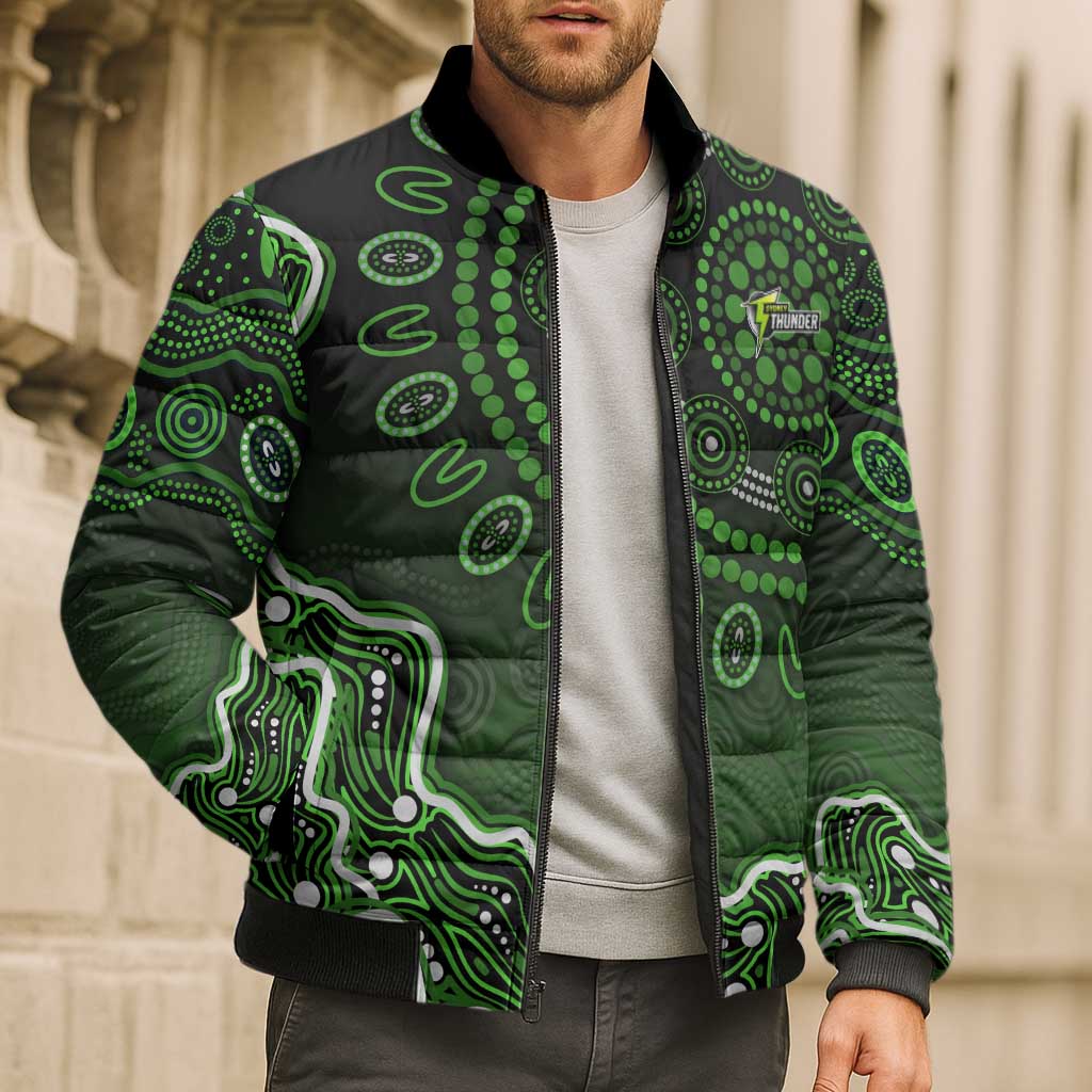 Sydney Thunder Cricket Mascot Bomber Puffer Jacket Aboriginal Dot Art Green And Black Tribal Pattern