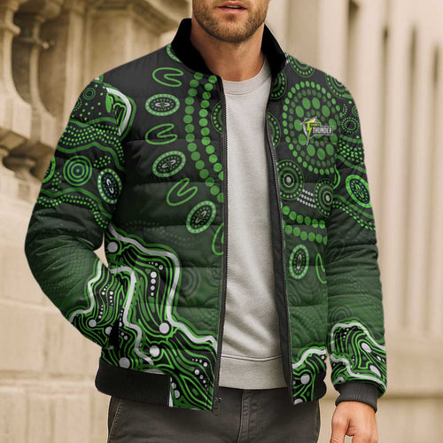Sydney Thunder Cricket Mascot Bomber Puffer Jacket Aboriginal Dot Art Green And Black Tribal Pattern
