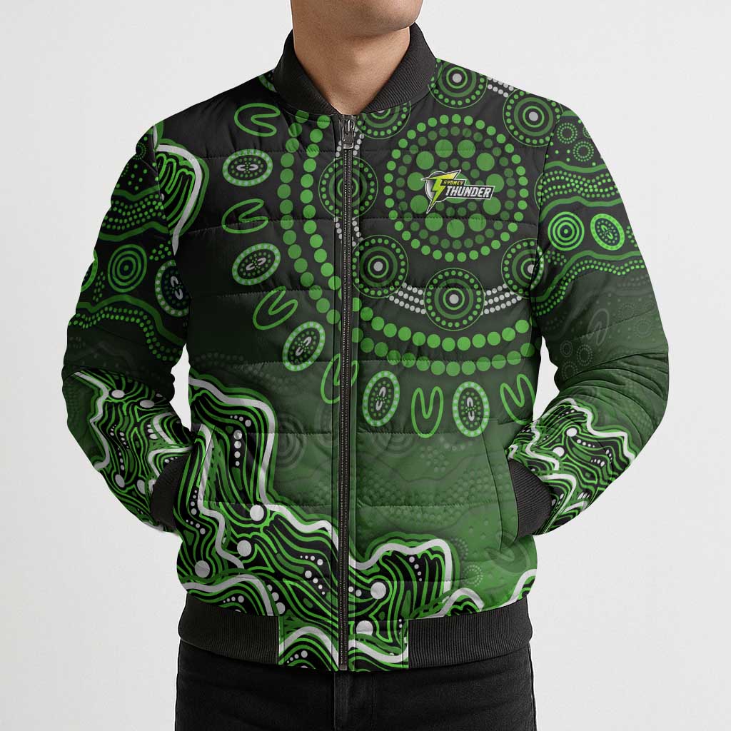 Sydney Thunder Cricket Mascot Bomber Puffer Jacket Aboriginal Dot Art Green And Black Tribal Pattern