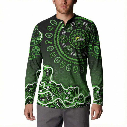 Sydney Thunder Cricket Mascot Button Sweatshirt Aboriginal Dot Art Green And Black Tribal Pattern