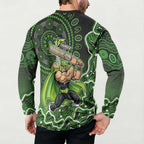 Sydney Thunder Cricket Mascot Button Sweatshirt Aboriginal Dot Art Green And Black Tribal Pattern