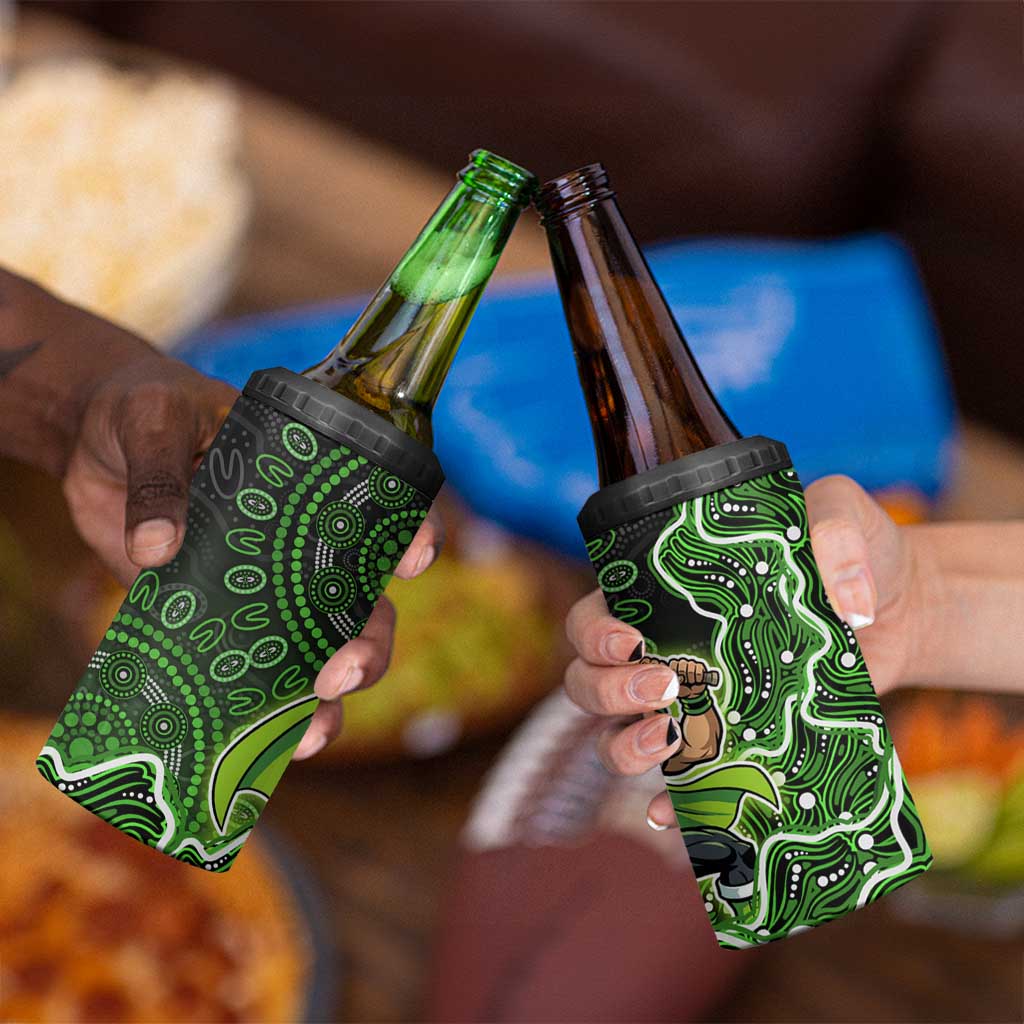 Sydney Thunder Cricket Mascot 4 in 1 Can Cooler Tumbler Aboriginal Dot Art Green And Black Tribal Pattern