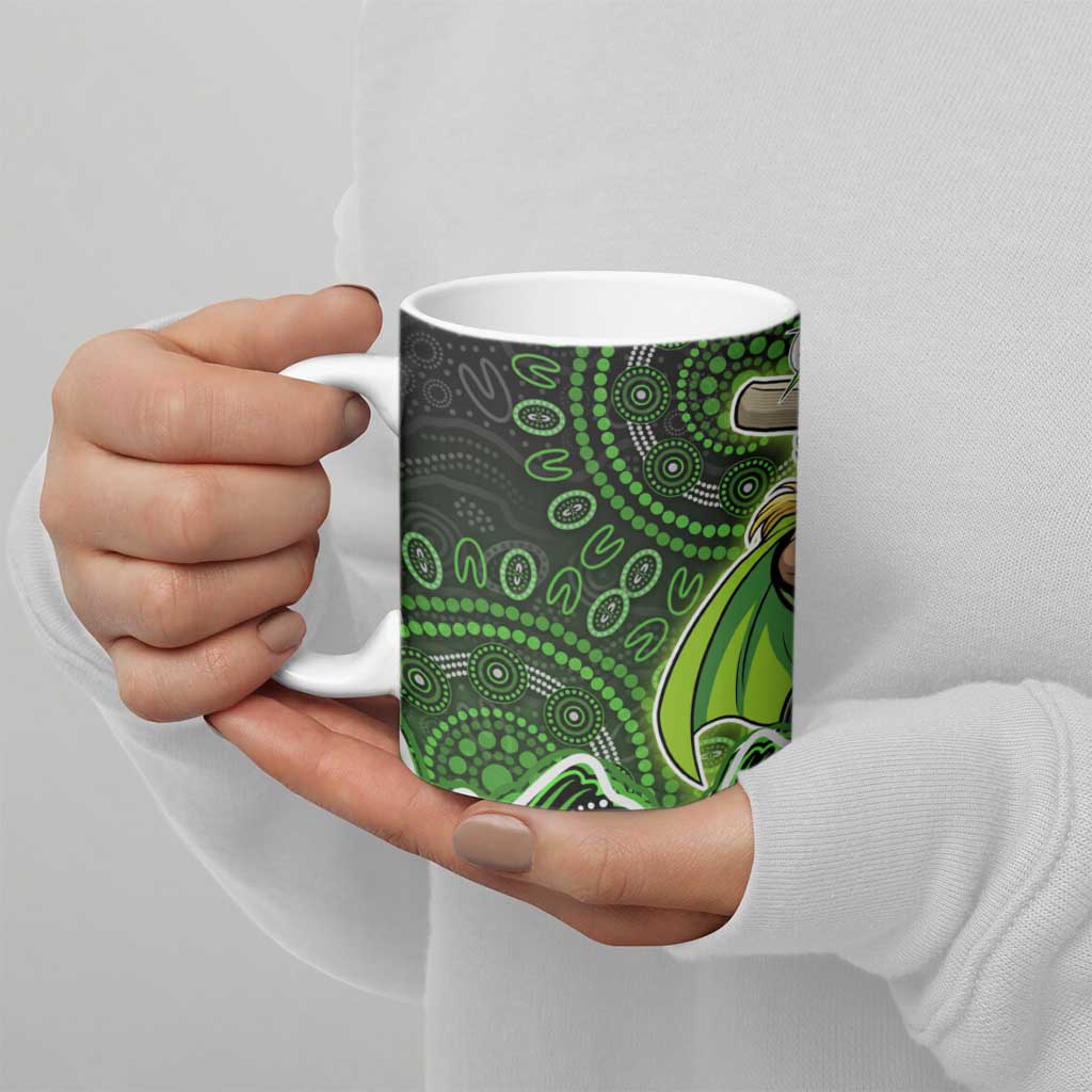 Sydney Thunder Cricket Mascot Ceramic Mug Aboriginal Dot Art Green And Black Tribal Pattern