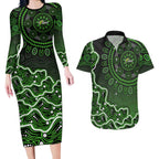 Sydney Thunder Cricket Mascot Couples Matching Long Sleeve Bodycon Dress and Hawaiian Shirt Aboriginal Dot Art Green And Black Tribal Pattern