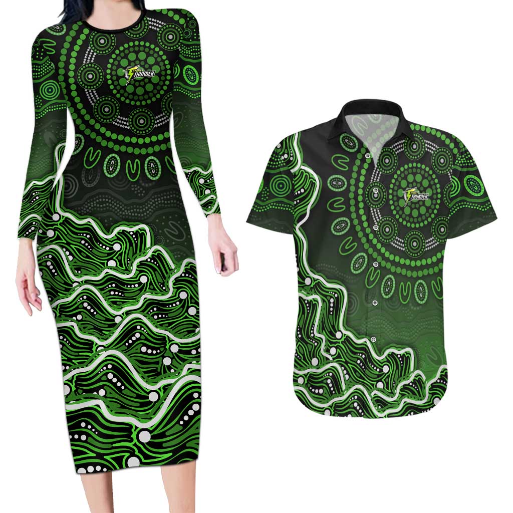 Sydney Thunder Cricket Mascot Couples Matching Long Sleeve Bodycon Dress and Hawaiian Shirt Aboriginal Dot Art Green And Black Tribal Pattern