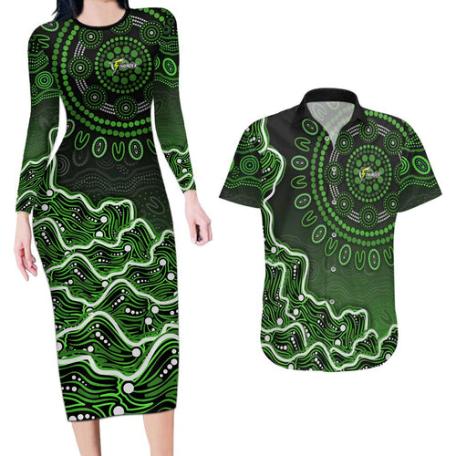 Sydney Thunder Cricket Mascot Couples Matching Long Sleeve Bodycon Dress and Hawaiian Shirt Aboriginal Dot Art Green And Black Tribal Pattern