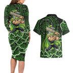 Sydney Thunder Cricket Mascot Couples Matching Long Sleeve Bodycon Dress and Hawaiian Shirt Aboriginal Dot Art Green And Black Tribal Pattern