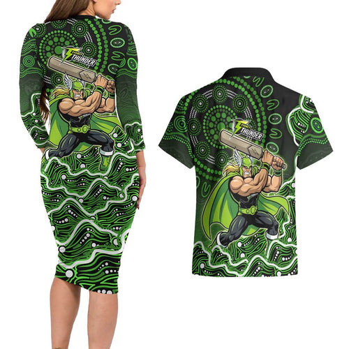 Sydney Thunder Cricket Mascot Couples Matching Long Sleeve Bodycon Dress and Hawaiian Shirt Aboriginal Dot Art Green And Black Tribal Pattern