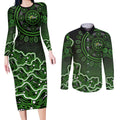 Sydney Thunder Cricket Mascot Couples Matching Long Sleeve Bodycon Dress and Long Sleeve Button Shirt Aboriginal Dot Art Green And Black Tribal Pattern