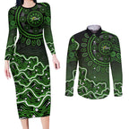 Sydney Thunder Cricket Mascot Couples Matching Long Sleeve Bodycon Dress and Long Sleeve Button Shirt Aboriginal Dot Art Green And Black Tribal Pattern