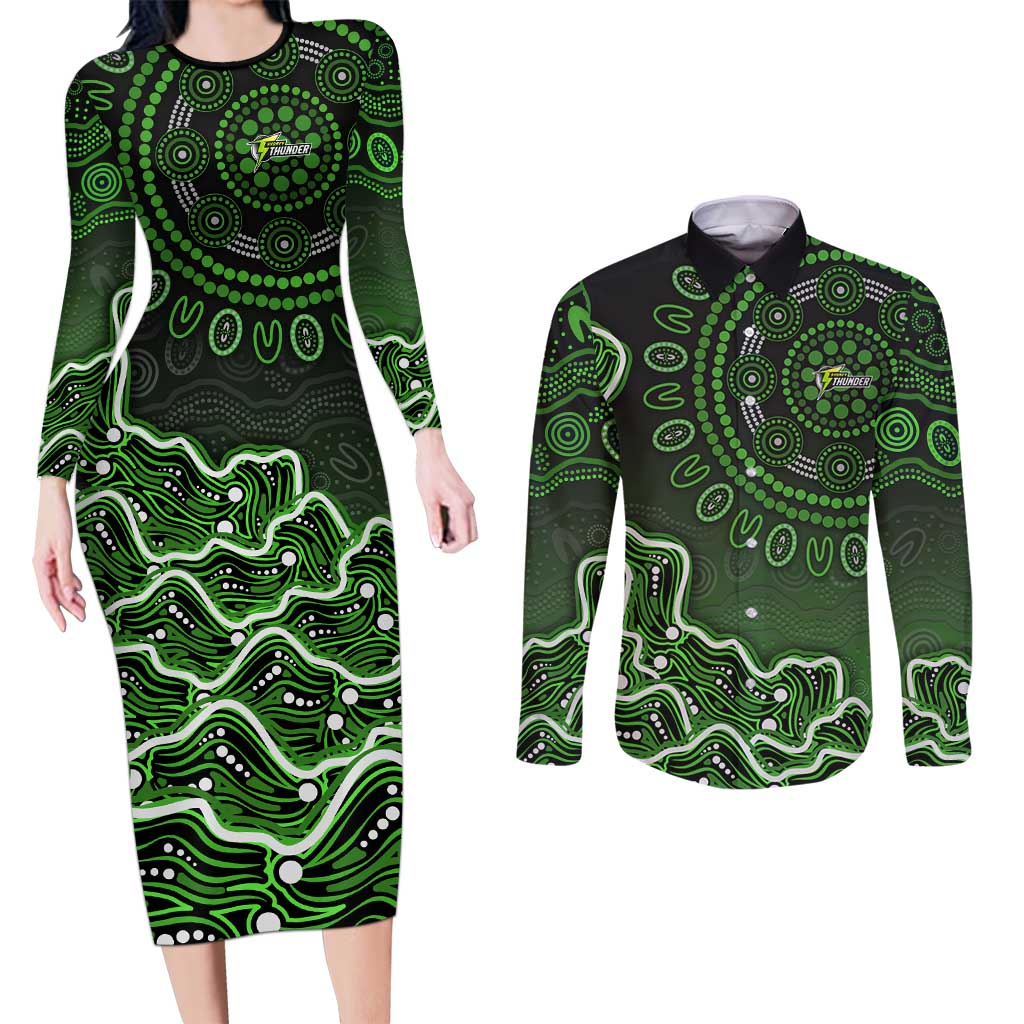 Sydney Thunder Cricket Mascot Couples Matching Long Sleeve Bodycon Dress and Long Sleeve Button Shirt Aboriginal Dot Art Green And Black Tribal Pattern