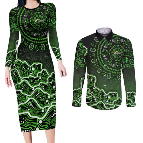 Sydney Thunder Cricket Mascot Couples Matching Long Sleeve Bodycon Dress and Long Sleeve Button Shirt Aboriginal Dot Art Green And Black Tribal Pattern