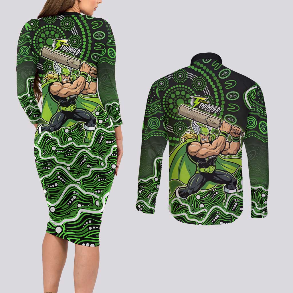 Sydney Thunder Cricket Mascot Couples Matching Long Sleeve Bodycon Dress and Long Sleeve Button Shirt Aboriginal Dot Art Green And Black Tribal Pattern