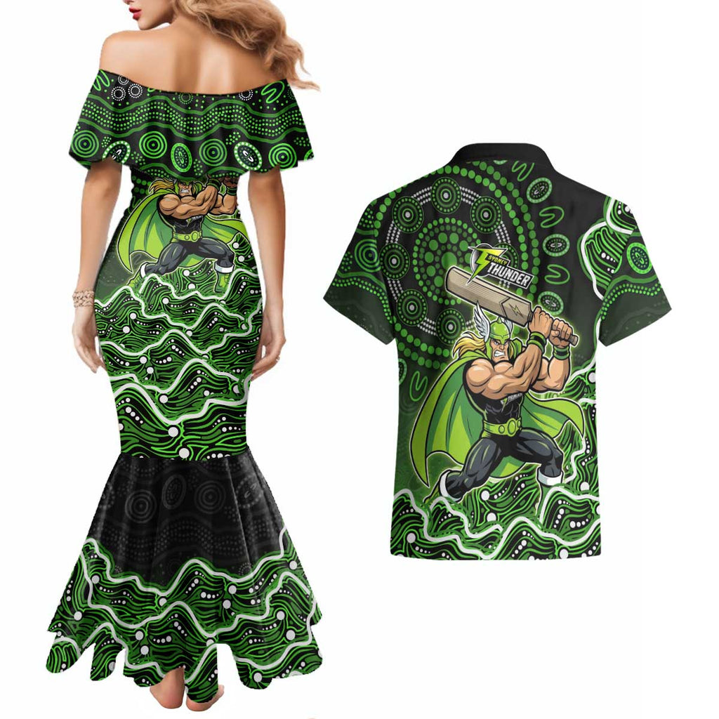 Sydney Thunder Cricket Mascot Couples Matching Mermaid Dress and Hawaiian Shirt Aboriginal Dot Art Green And Black Tribal Pattern