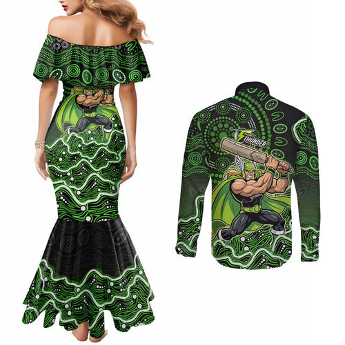 Sydney Thunder Cricket Mascot Couples Matching Mermaid Dress and Long Sleeve Button Shirt Aboriginal Dot Art Green And Black Tribal Pattern