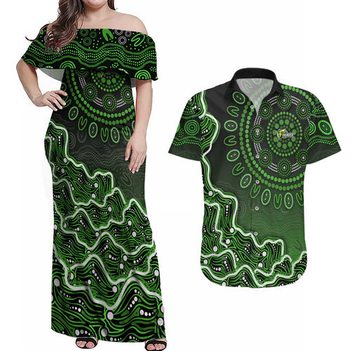 Sydney Thunder Cricket Mascot Couples Matching Off Shoulder Maxi Dress and Hawaiian Shirt Aboriginal Dot Art Green And Black Tribal Pattern