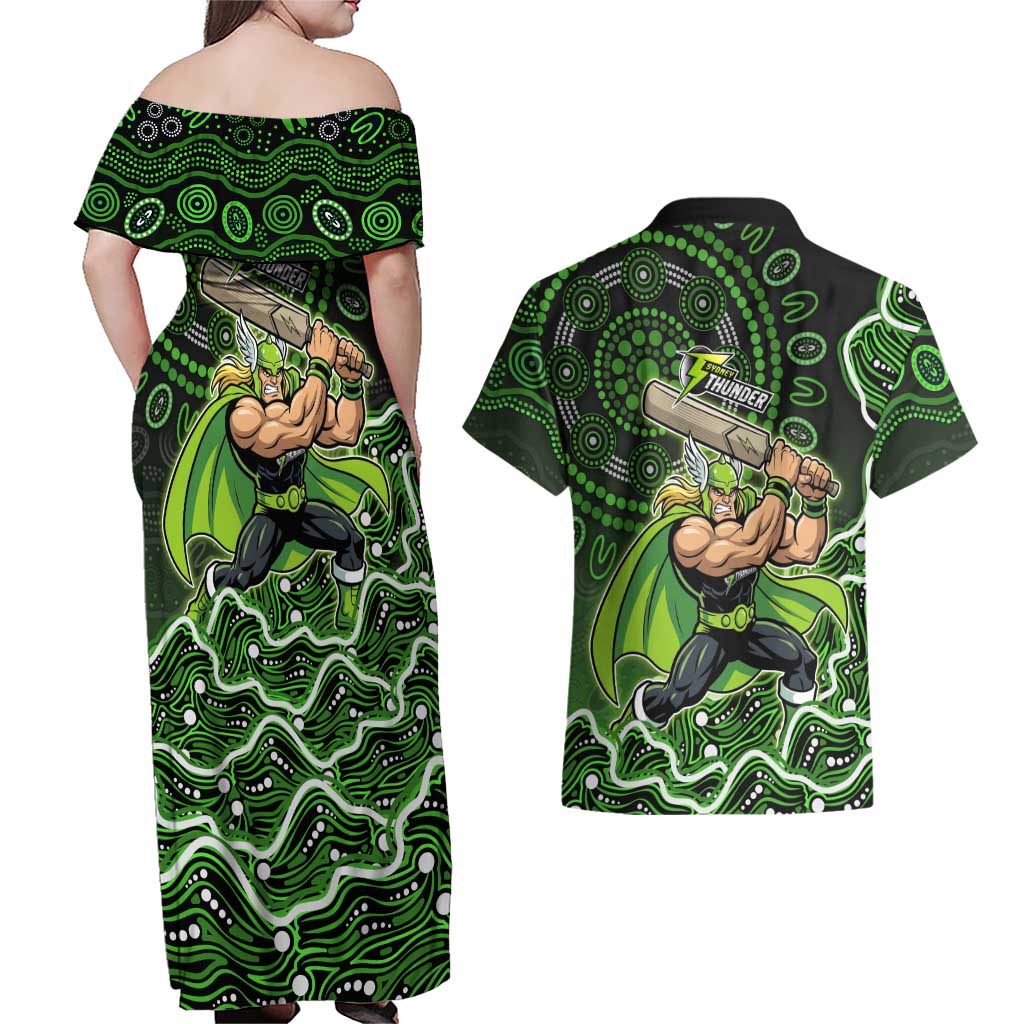 Sydney Thunder Cricket Mascot Couples Matching Off Shoulder Maxi Dress and Hawaiian Shirt Aboriginal Dot Art Green And Black Tribal Pattern