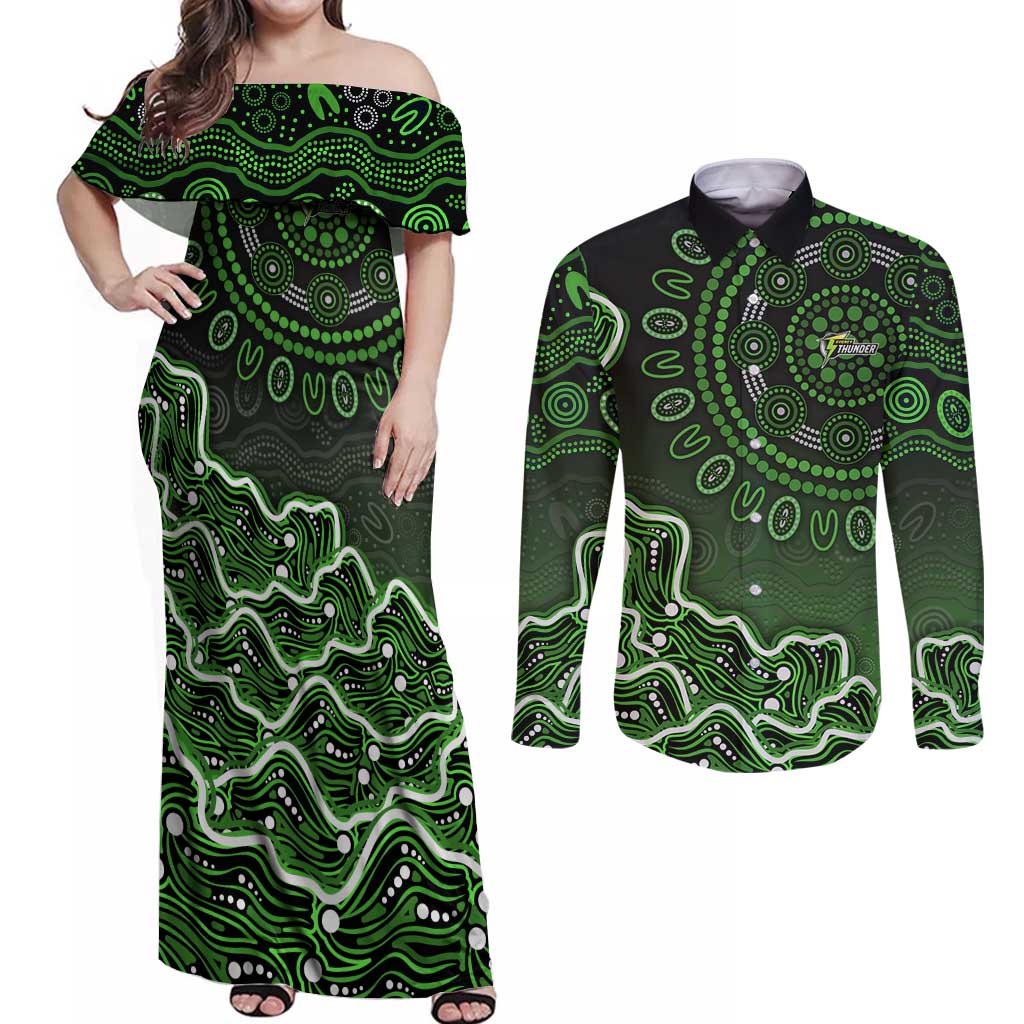 Sydney Thunder Cricket Mascot Couples Matching Off Shoulder Maxi Dress and Long Sleeve Button Shirt Aboriginal Dot Art Green And Black Tribal Pattern