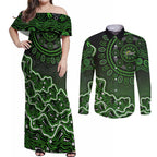Sydney Thunder Cricket Mascot Couples Matching Off Shoulder Maxi Dress and Long Sleeve Button Shirt Aboriginal Dot Art Green And Black Tribal Pattern