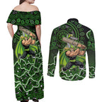 Sydney Thunder Cricket Mascot Couples Matching Off Shoulder Maxi Dress and Long Sleeve Button Shirt Aboriginal Dot Art Green And Black Tribal Pattern