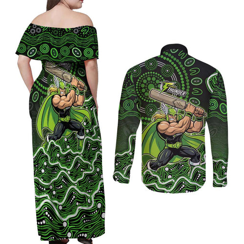 Sydney Thunder Cricket Mascot Couples Matching Off Shoulder Maxi Dress and Long Sleeve Button Shirt Aboriginal Dot Art Green And Black Tribal Pattern