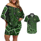 Sydney Thunder Cricket Mascot Couples Matching Off Shoulder Short Dress and Hawaiian Shirt Aboriginal Dot Art Green And Black Tribal Pattern