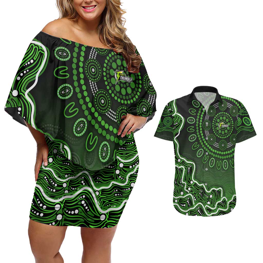 Sydney Thunder Cricket Mascot Couples Matching Off Shoulder Short Dress and Hawaiian Shirt Aboriginal Dot Art Green And Black Tribal Pattern