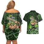 Sydney Thunder Cricket Mascot Couples Matching Off Shoulder Short Dress and Hawaiian Shirt Aboriginal Dot Art Green And Black Tribal Pattern